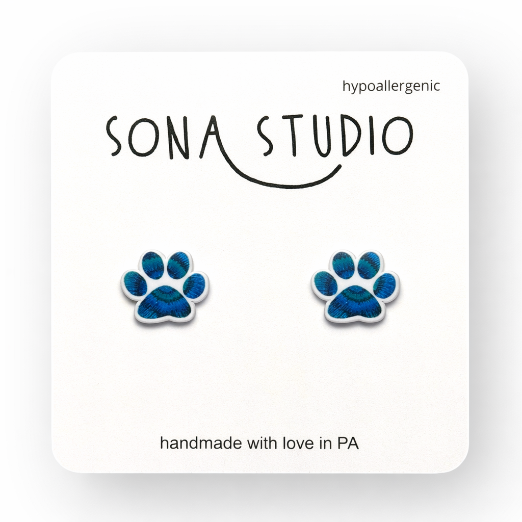 Blue Tie Dye Paw Print Earrings
