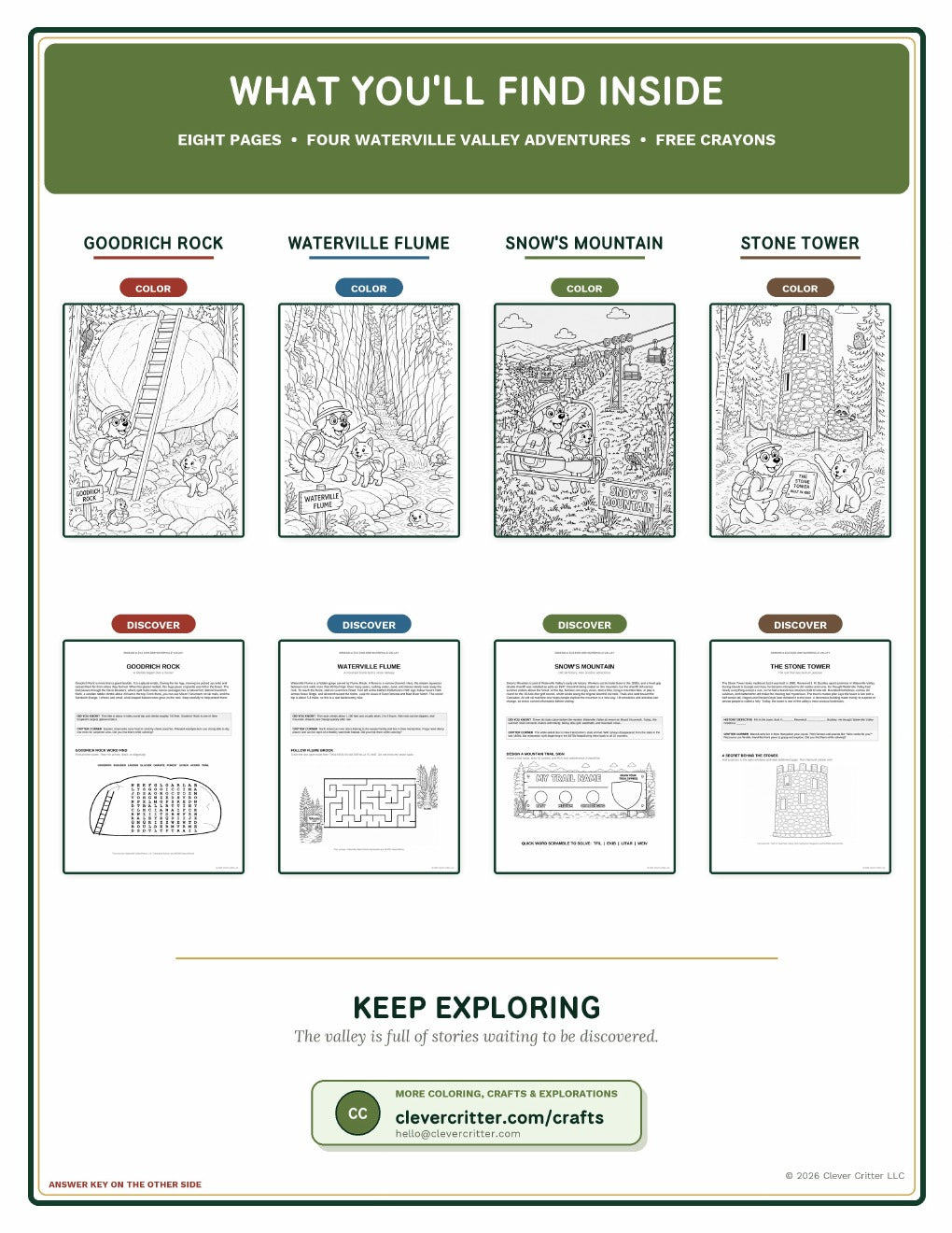 Last page of the Clever Critter Waterville Valley booklet showing the coloring scenes and activities inside