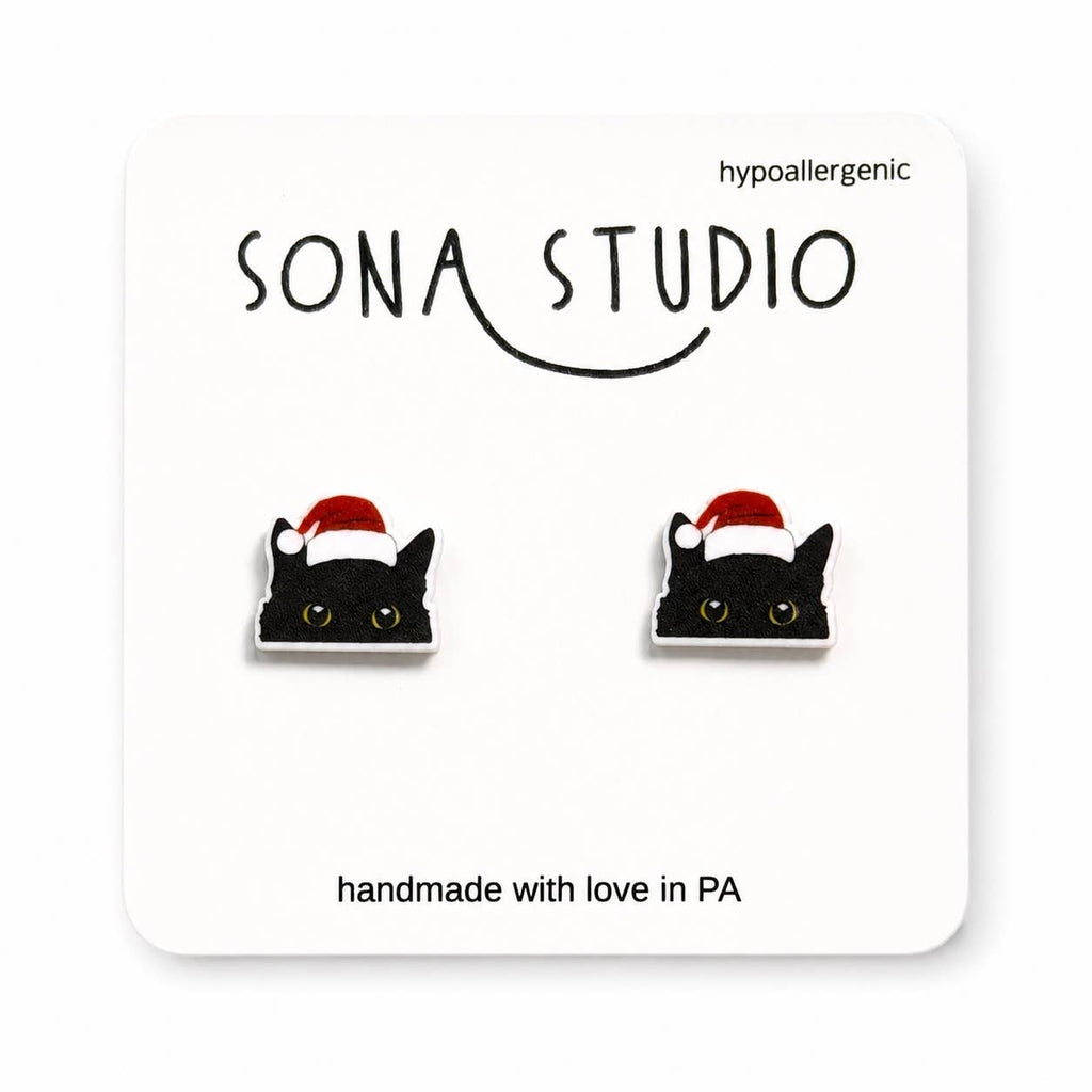 Black Cat Christmas Earrings