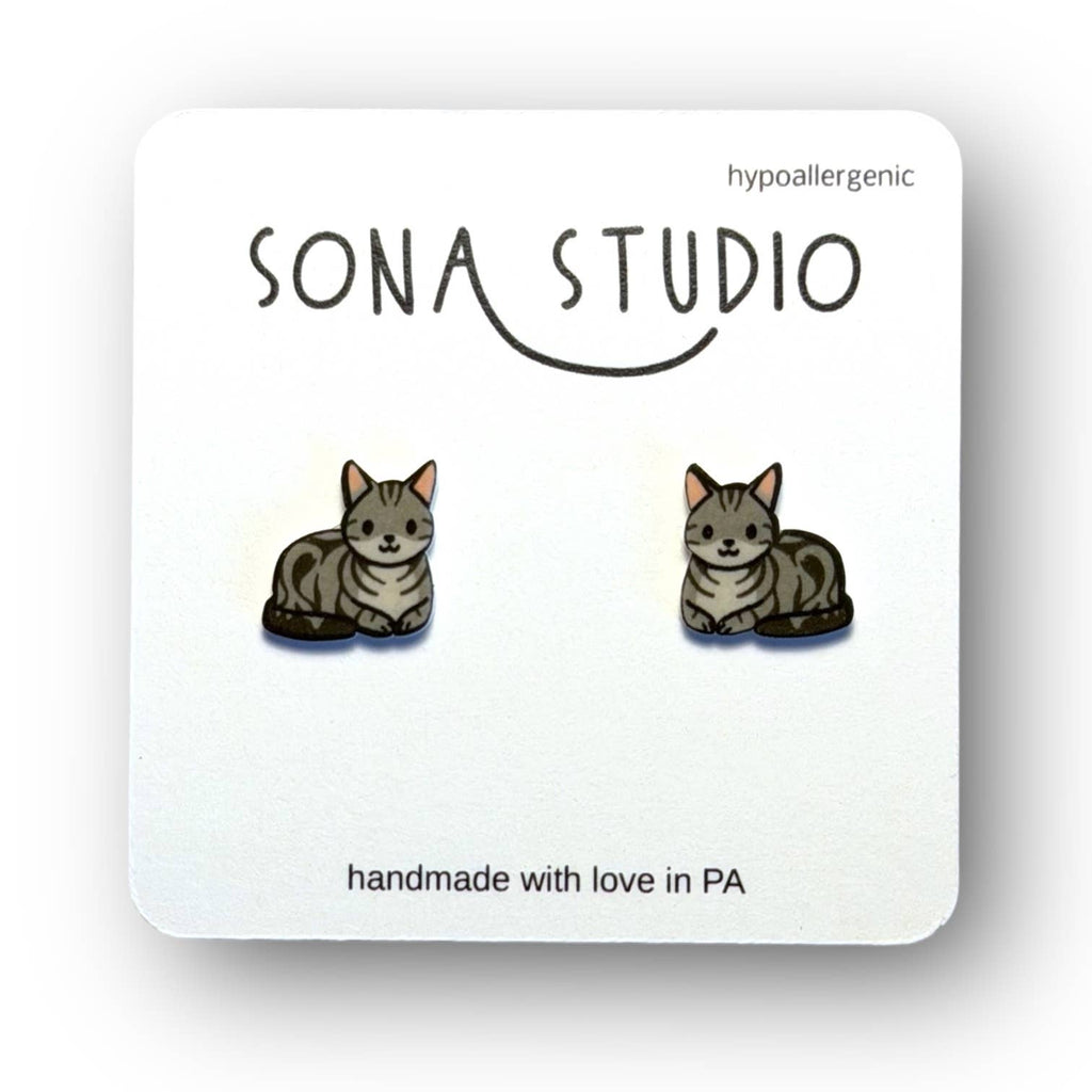 Gray Tiger Kitty Earrings