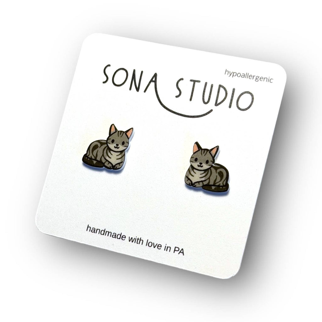 Gray Tiger Kitty Earrings